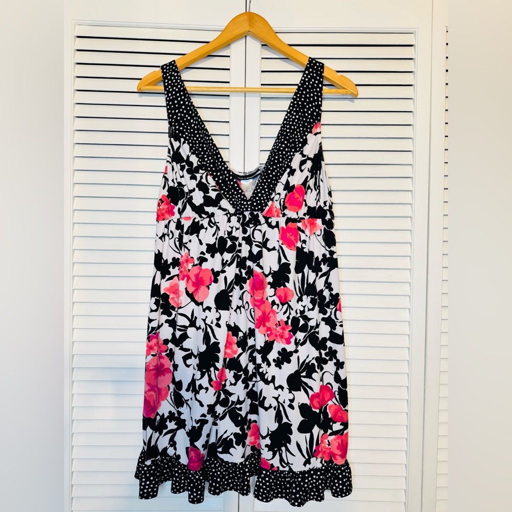 💎 Studio Donatella Large Floral V-Neck Sundress w/Polka Dot Trim Black/Hot Pink